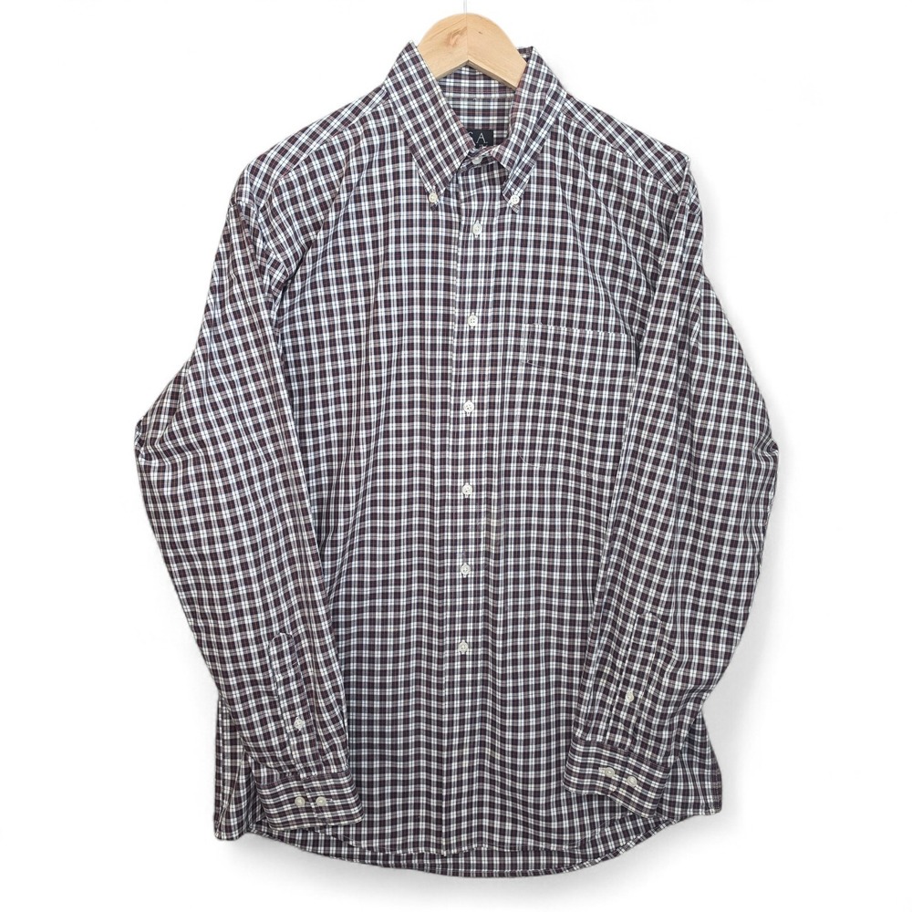 Jos A Bank Dress Shirt Mens Medium Blue Burgundy Button Down Plaid Executive‎